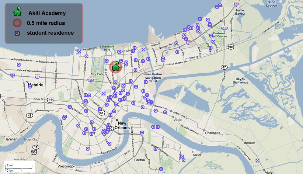 According to Louisiana's Recovery School District, public elementary schools should ideally serve students within a half mile radius. No Akili students live within this parameter. The farthest lives 18.8 miles away. 